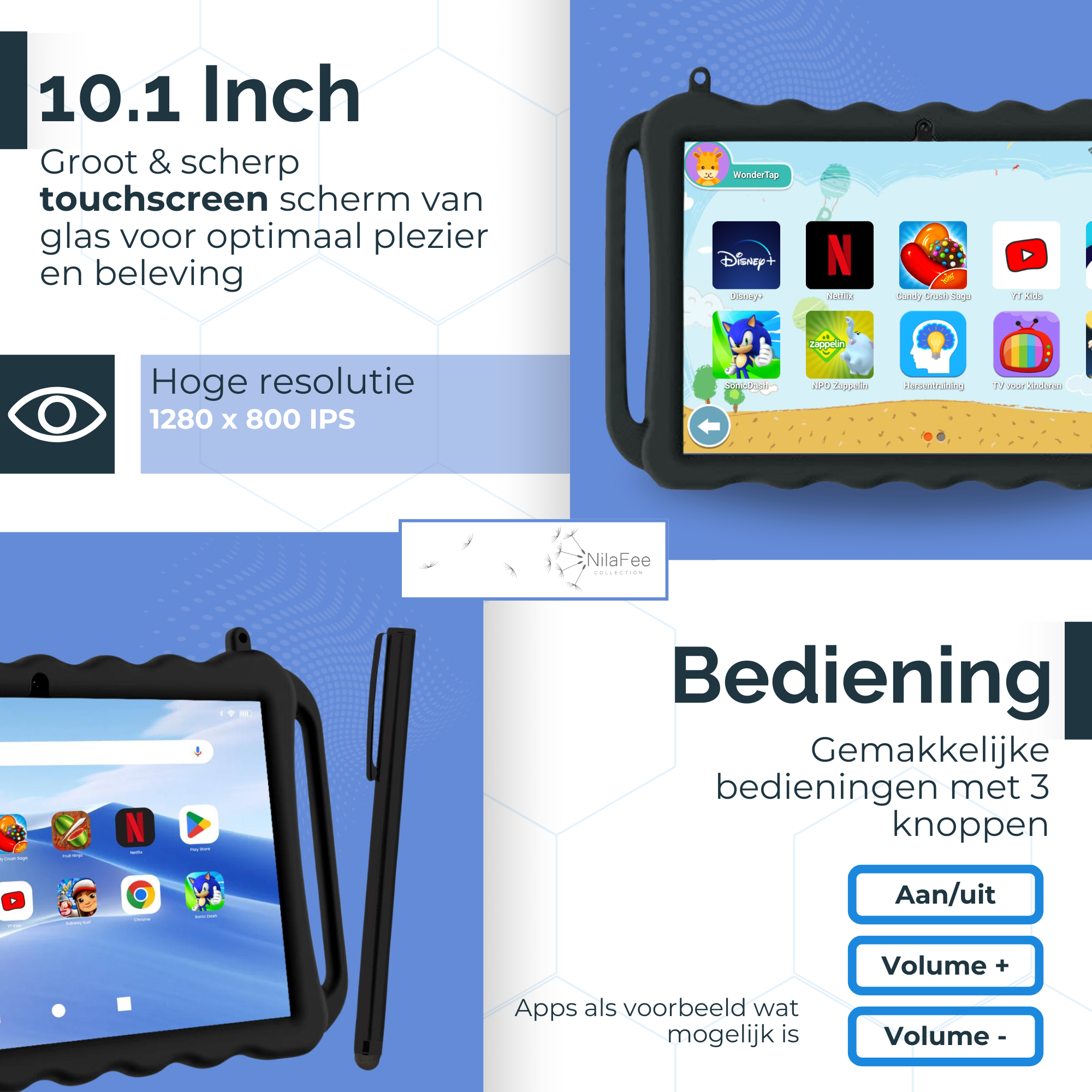 NilaFee® Educatieve Kindertablet - Tablet kinderen - 128 GB - Octocore - Complete Set Play Store - Simkaart - Ook voor volwassenen - Ophangkoord Auto - Pen - Kids Tablet - Oudercontrole - Kindertablet vanaf 3 jaar - Zwart