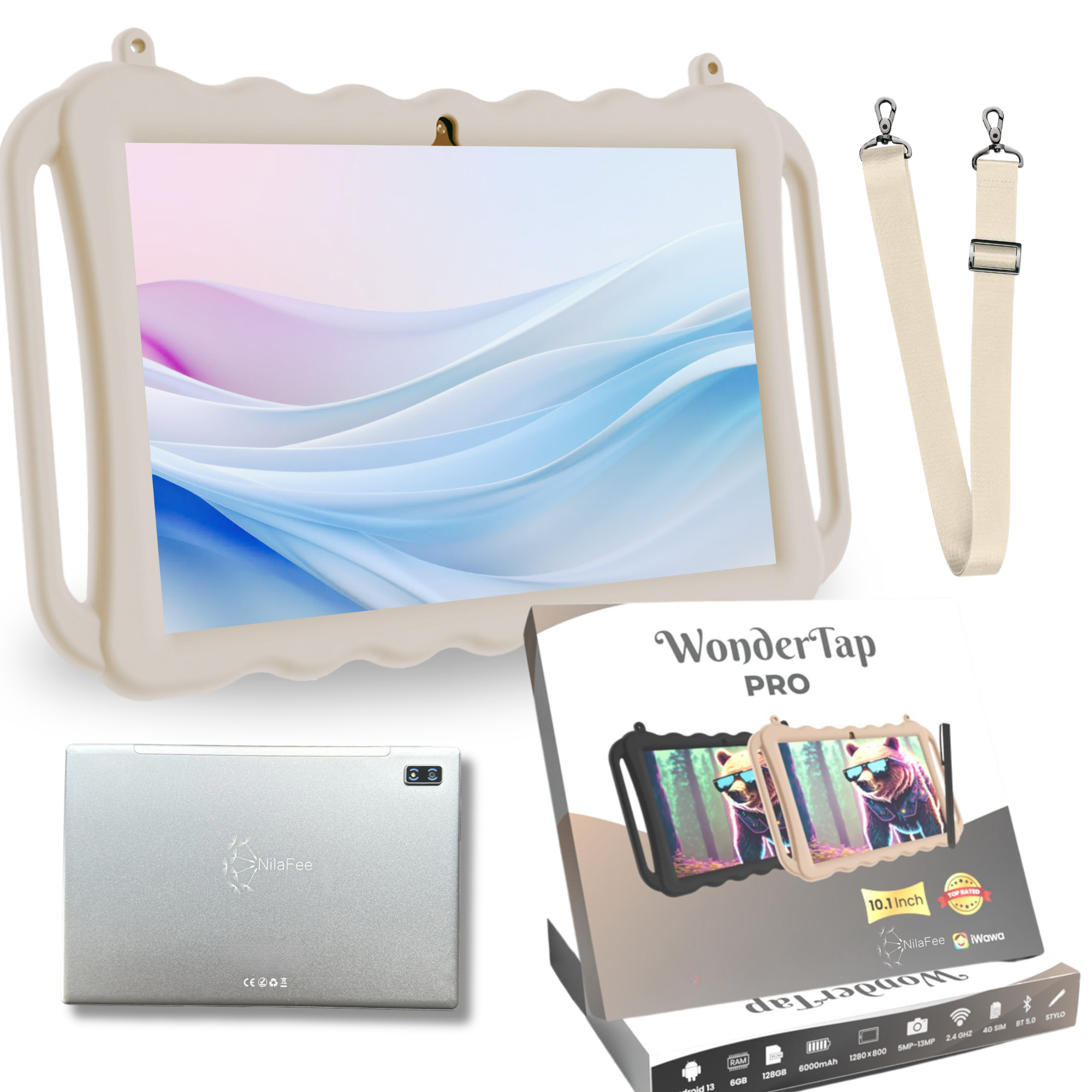 NilaFee® Educatieve Kindertablet - Tablet kinderen - 128 GB - Octocore - Complete Set Play Store - Simkaart - Ook voor volwassenen - Ophangkoord Auto - Pen - Kids Tablet - Oudercontrole - Kindertablet vanaf 3 jaar - Zand