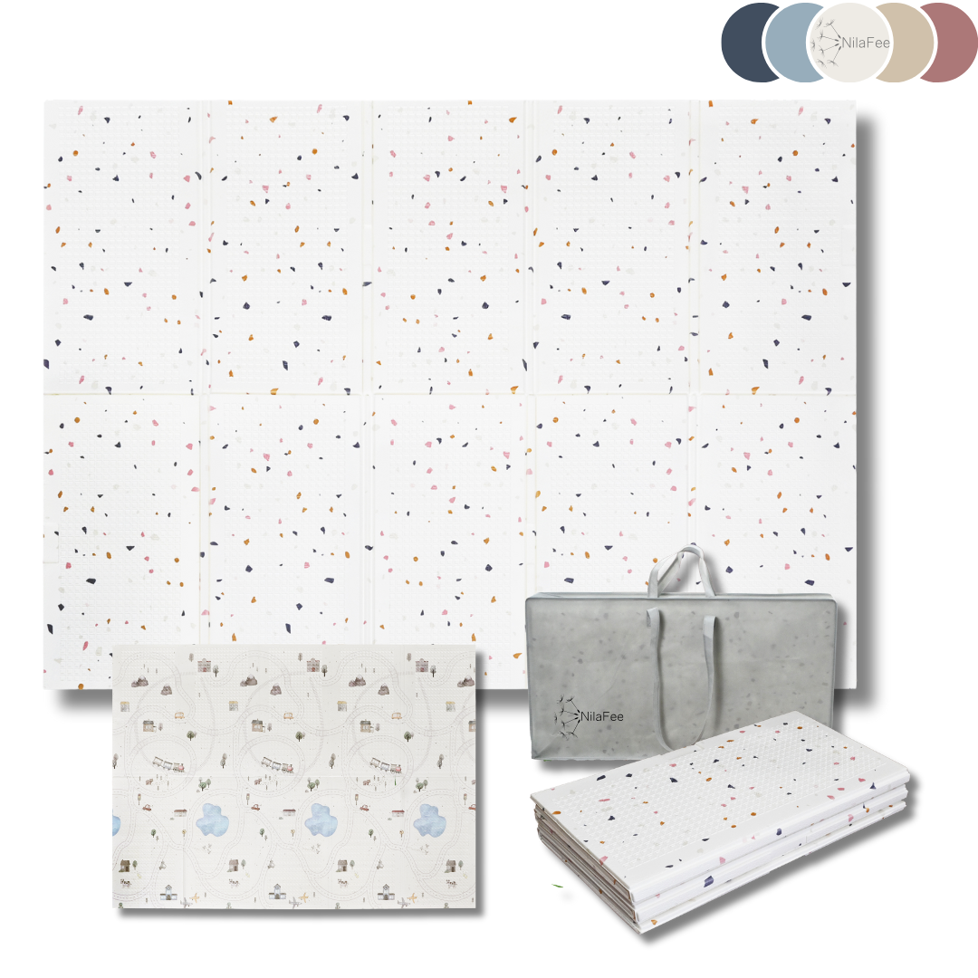 NilaFee - Speelmat Baby - Opvouwbaar - Dubbelzijdig - White Terrazzo - Avonturenpad