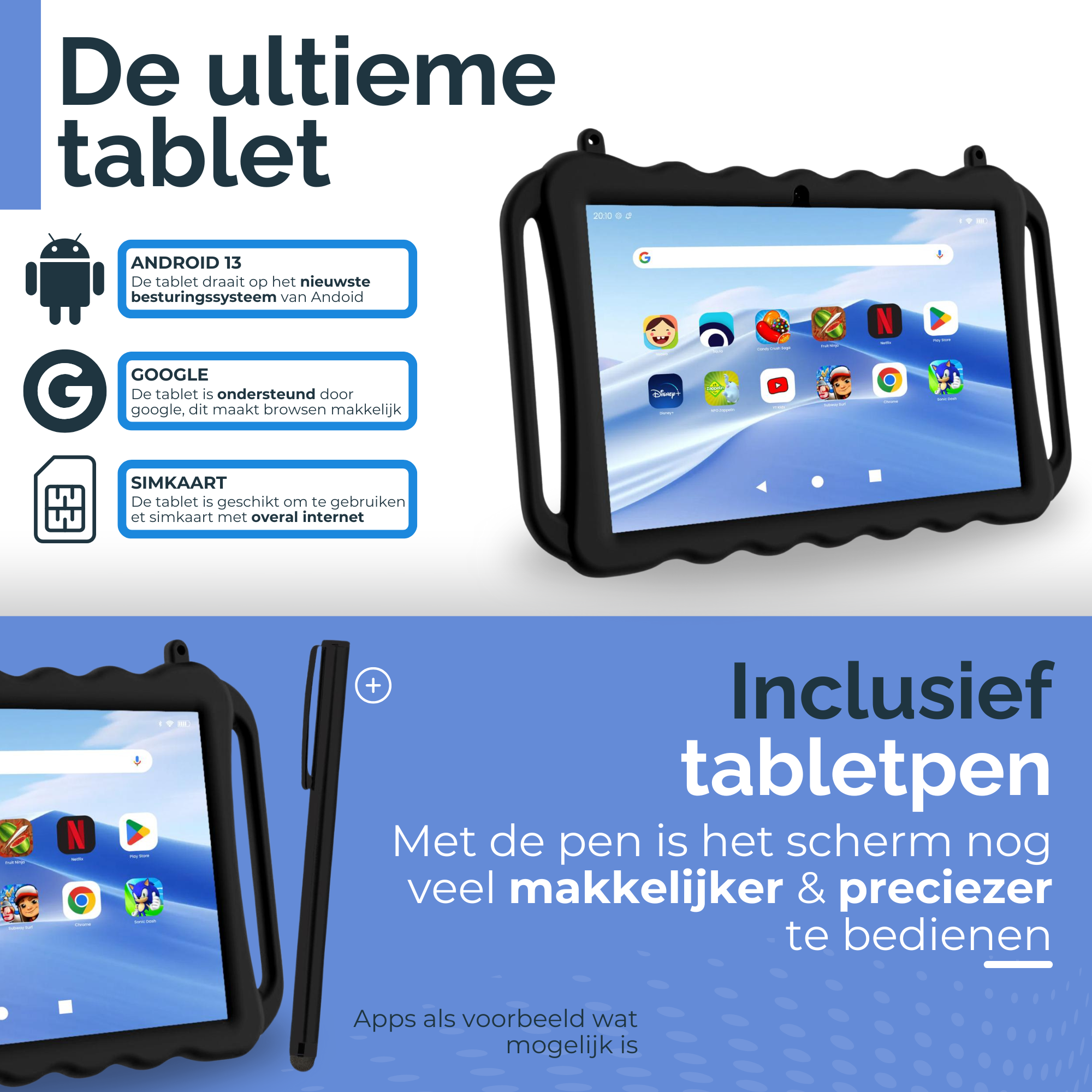 NilaFee® Educatieve Kindertablet - Tablet kinderen - 128 GB - Octocore - Complete Set Play Store - Simkaart - Ook voor volwassenen - Ophangkoord Auto - Pen - Kids Tablet - Oudercontrole - Kindertablet vanaf 3 jaar - Zwart