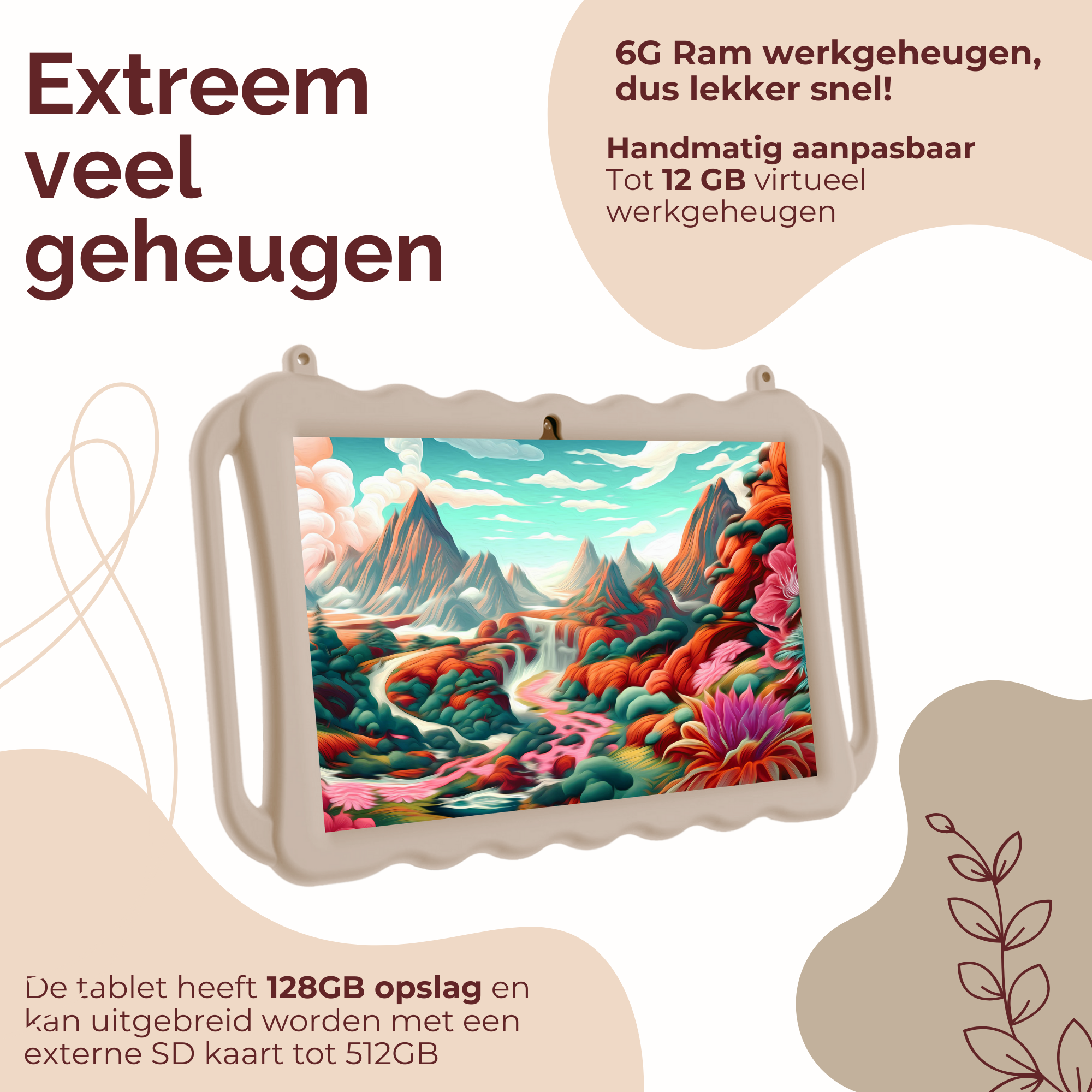 NilaFee® Educatieve Kindertablet - Tablet kinderen - 128 GB - Octocore - Complete Set Play Store - Simkaart - Ook voor volwassenen - Ophangkoord Auto - Pen - Kids Tablet - Oudercontrole - Kindertablet vanaf 3 jaar - Zand