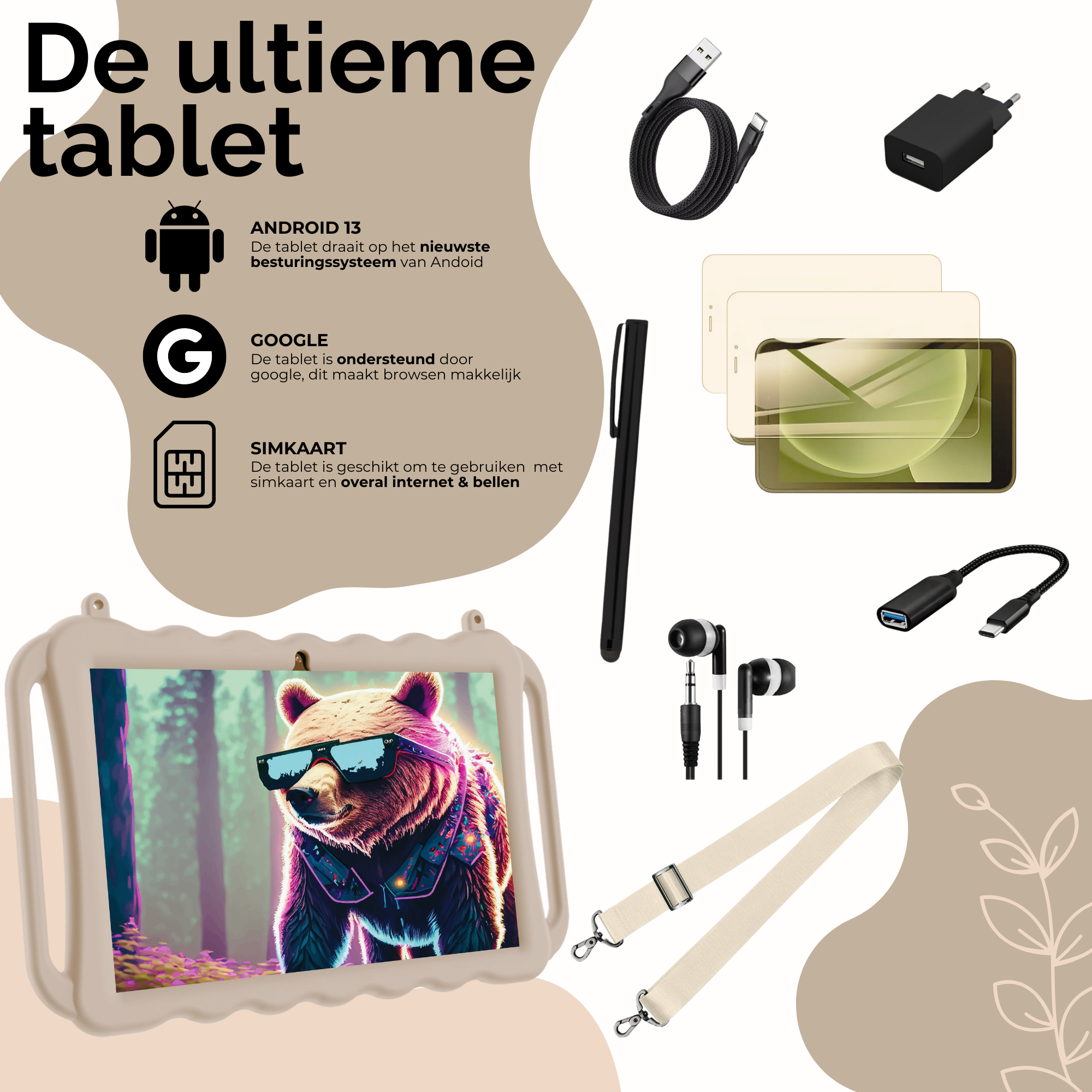 NilaFee® Educatieve Kindertablet - Tablet kinderen - 128 GB - Octocore - Complete Set Play Store - Simkaart - Ook voor volwassenen - Ophangkoord Auto - Pen - Kids Tablet - Oudercontrole - Kindertablet vanaf 3 jaar - Zand