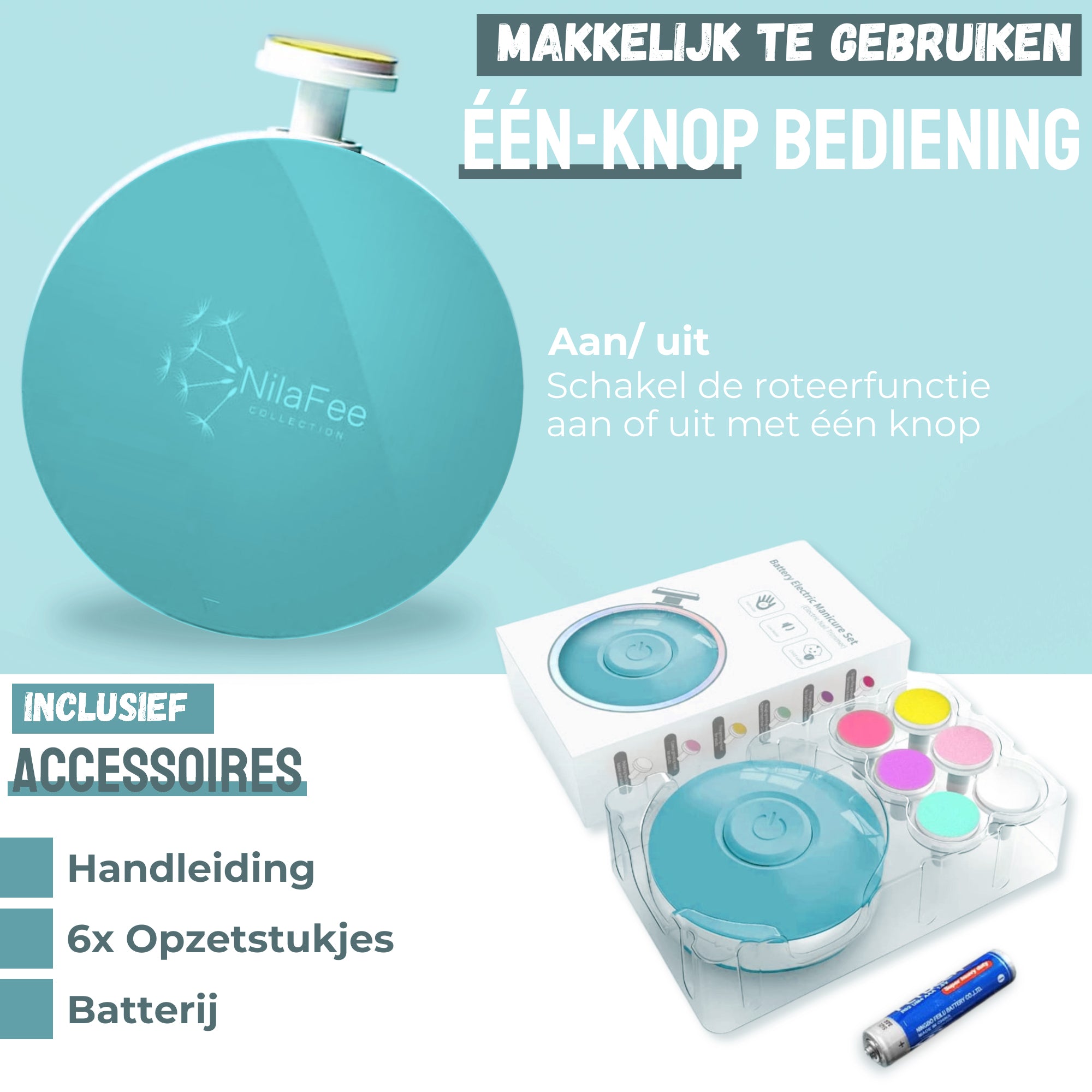 NilaFee® Elektrische Babynagelvijl - Veilig & Geruisloos met 7 Opzetstukken voor Baby's, Peuters en Puppies - Inclusief Batterij