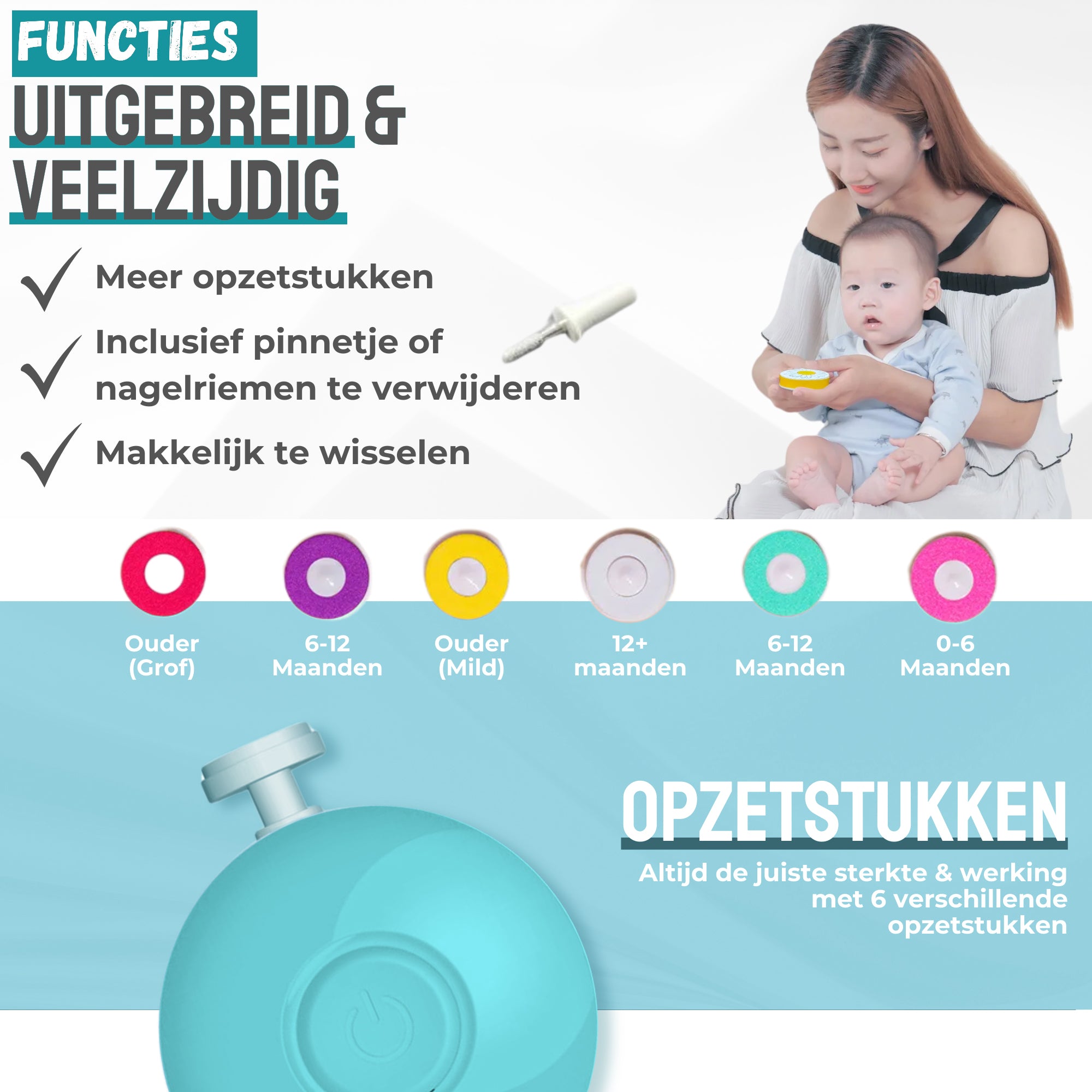 NilaFee® Elektrische Babynagelvijl - Veilig & Geruisloos met 7 Opzetstukken voor Baby's, Peuters en Puppies - Inclusief Batterij