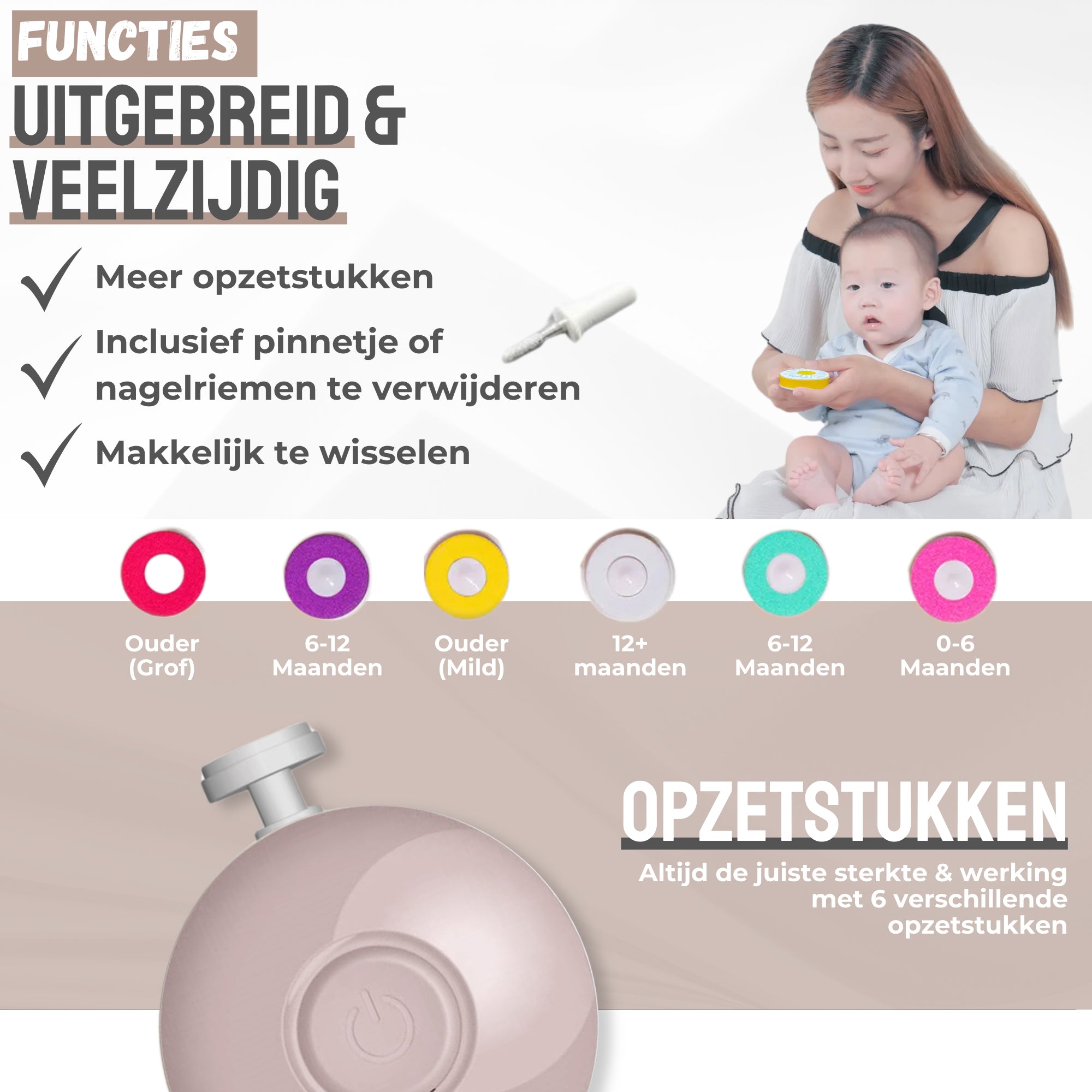 NilaFee® Elektrische Babynagelvijl - Veilig & Geruisloos met 7 Opzetstukken voor Baby's, Peuters en Puppies - Inclusief Batterij
