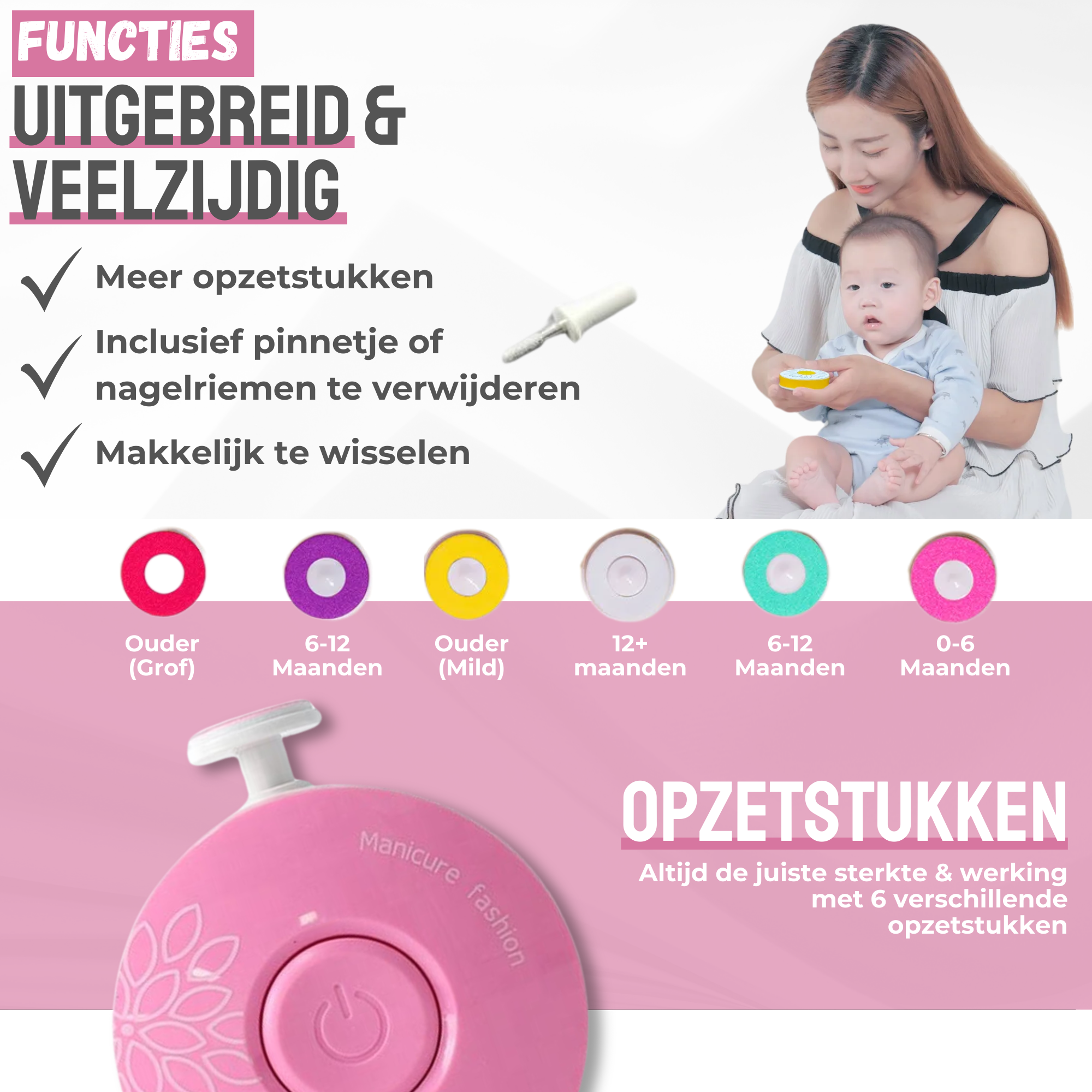 NilaFee® Elektrische Babynagelvijl - Veilig & Geruisloos met 7 Opzetstukken voor Baby's, Peuters en Puppies - Inclusief Batterij