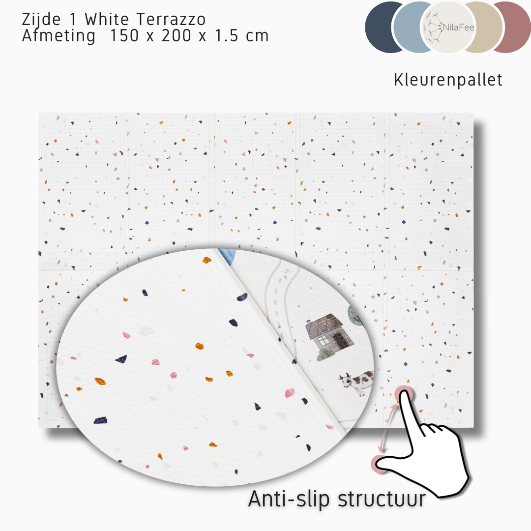 NilaFee - Speelmat Baby - Opvouwbaar - Dubbelzijdig - White Terrazzo - Avonturenpad