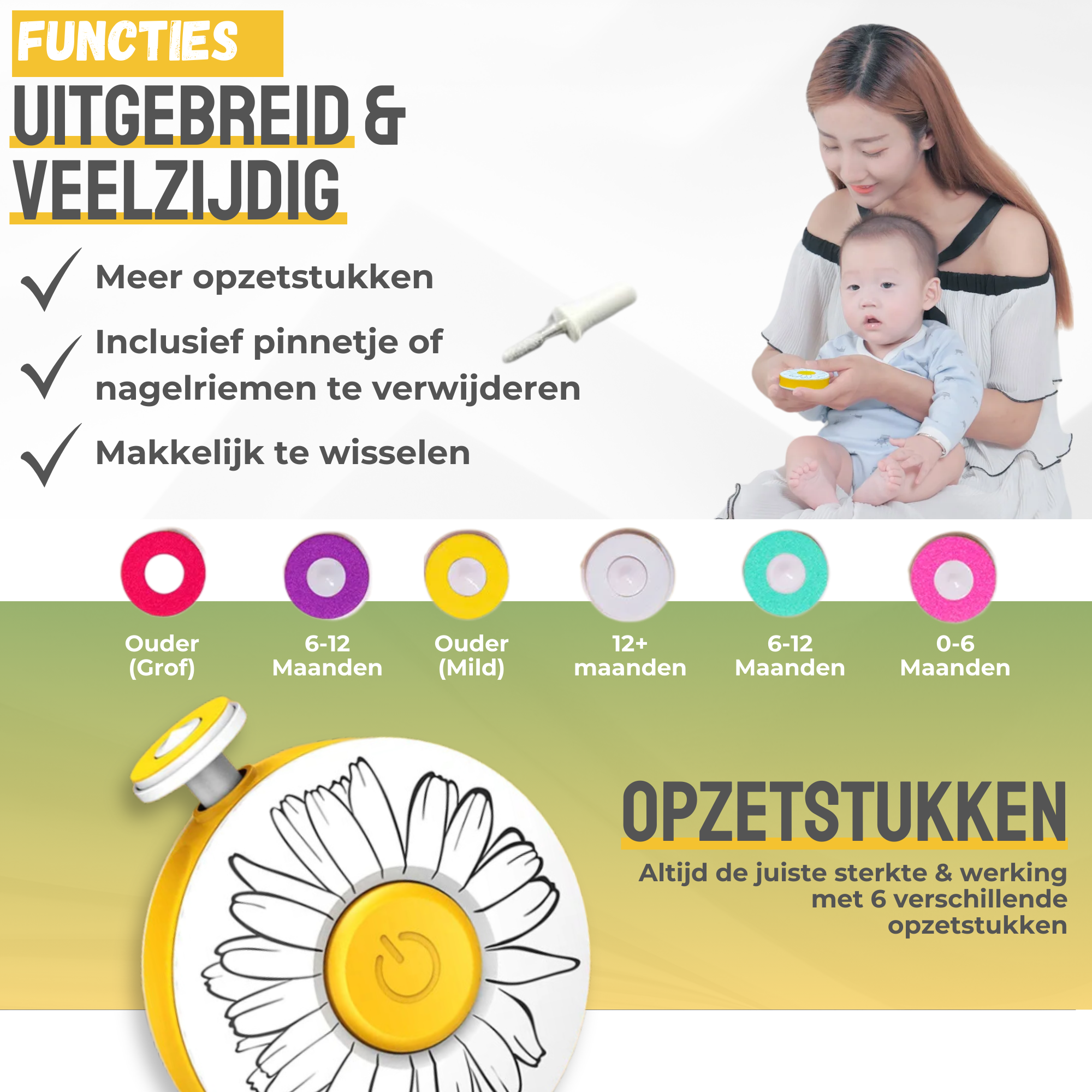 NilaFee® Elektrische Babynagelvijl - Veilig & Geruisloos met 7 Opzetstukken voor Baby's, Peuters en Puppies - Inclusief Batterij